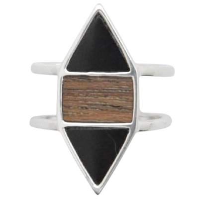 Barse Wood and Onyx Silver Ring