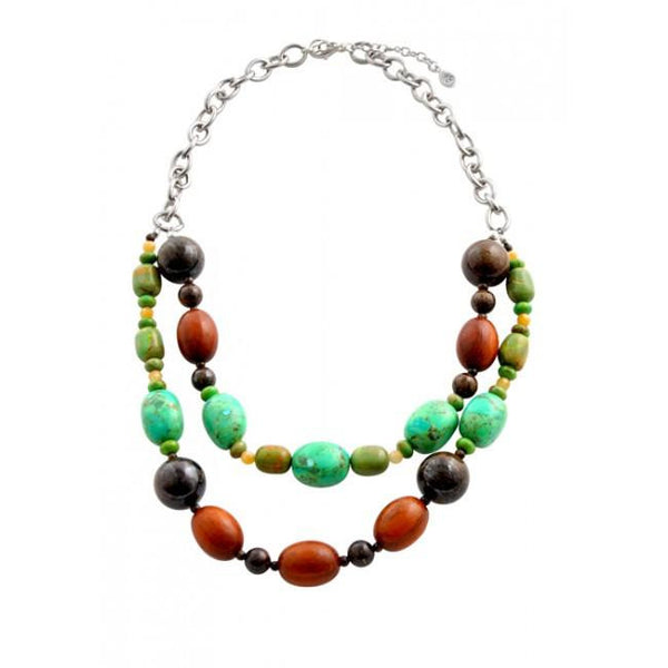 Barse Lime Turquoise and Wood Double Strand Necklace